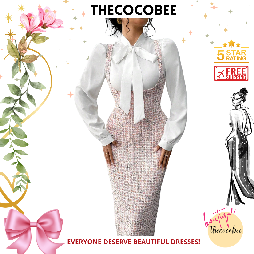 #158 Multicolor Elegant Fashion French White Collar Tie Long Suspender Skirt Women 2 Pieces Set, Autumn/Winter