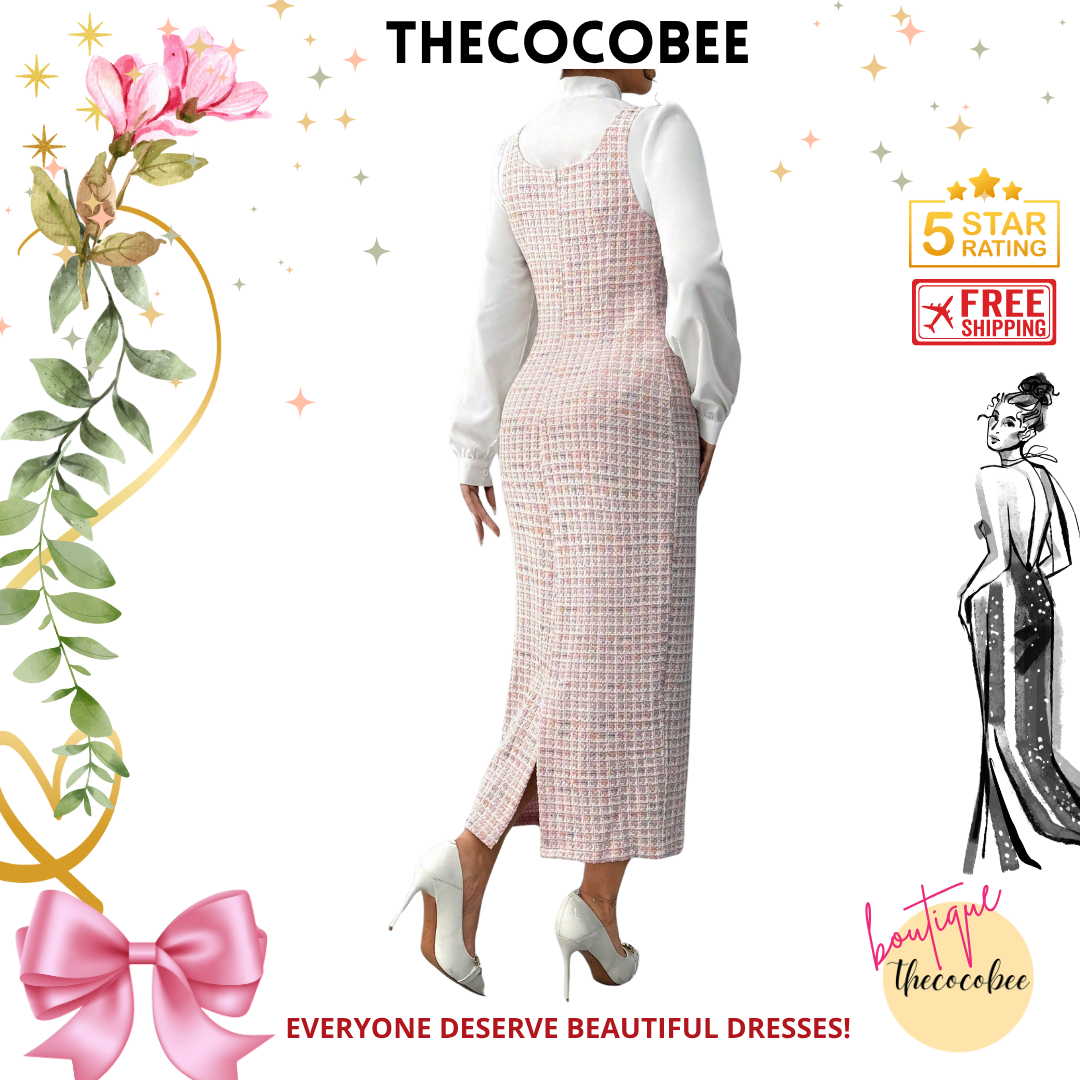 #158 Multicolor Elegant Fashion French White Collar Tie Long Suspender Skirt Women 2 Pieces Set, Autumn/Winter