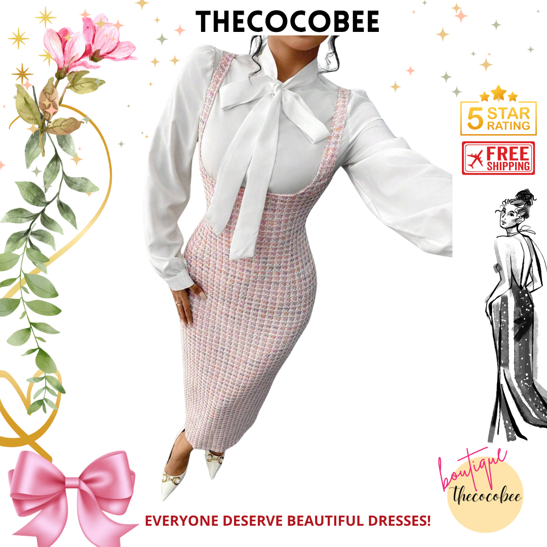 #158 Multicolor Elegant Fashion French White Collar Tie Long Suspender Skirt Women 2 Pieces Set, Autumn/Winter