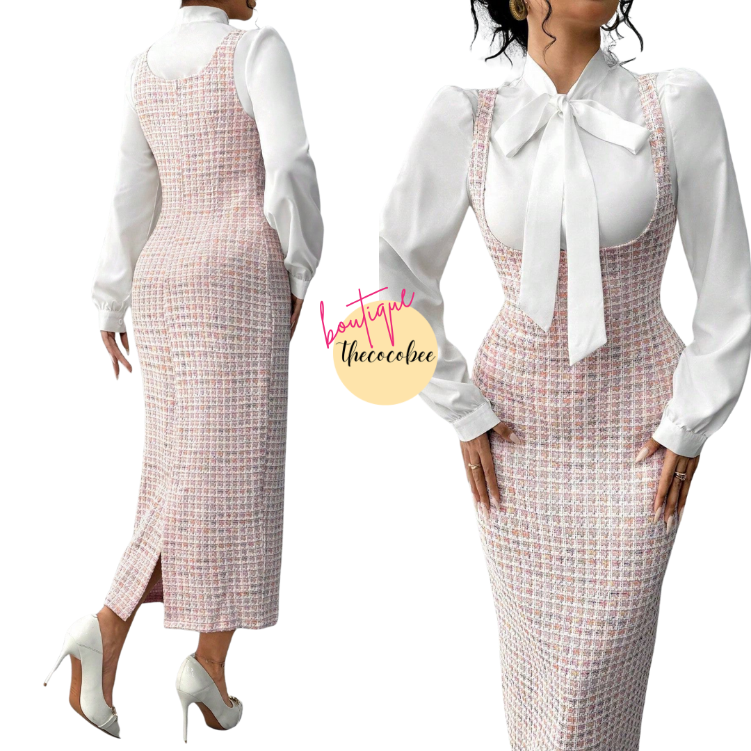 #158 Multicolor Elegant Fashion French White Collar Tie Long Suspender Skirt Women 2 Pieces Set, Autumn/Winter