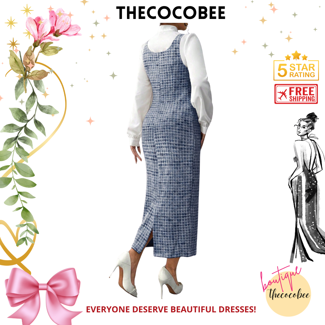 #158 Navy Blue Elegant Fashionable French Style White Collar Tie Shirt + Polka Dot Print Long Suspender Skirt 2 Pieces Set, For Women, Autumn/Winter