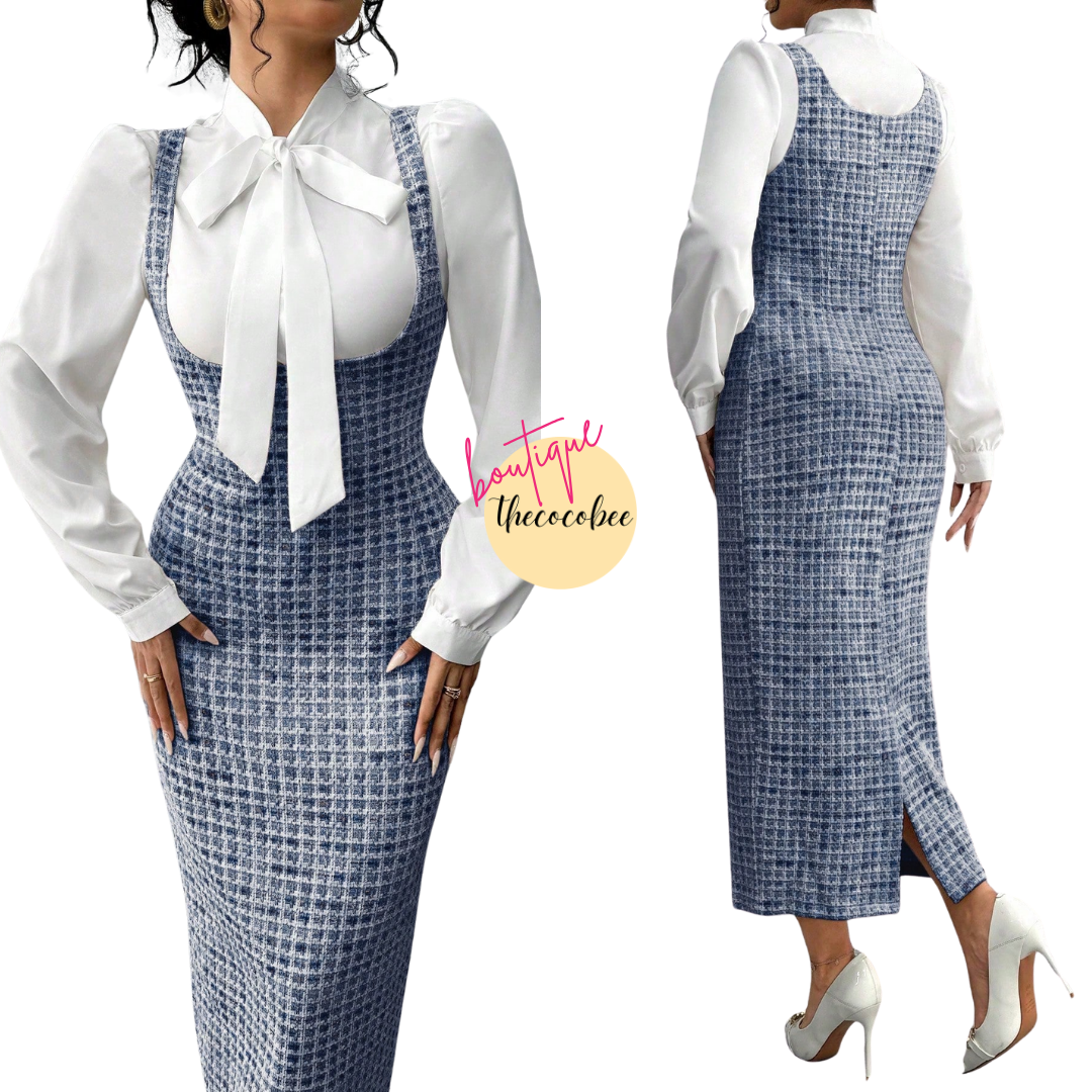 #158 Navy Blue Elegant Fashionable French Style White Collar Tie Shirt + Polka Dot Print Long Suspender Skirt 2 Pieces Set, For Women, Autumn/Winter