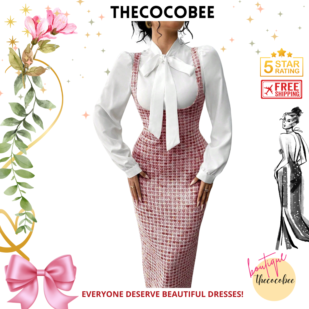 #158 Red 2pcs Elegant French Style White Collar Tie Blouse And Pink Jacquard Long Bib Dress Suit, Autumn/Winter Women