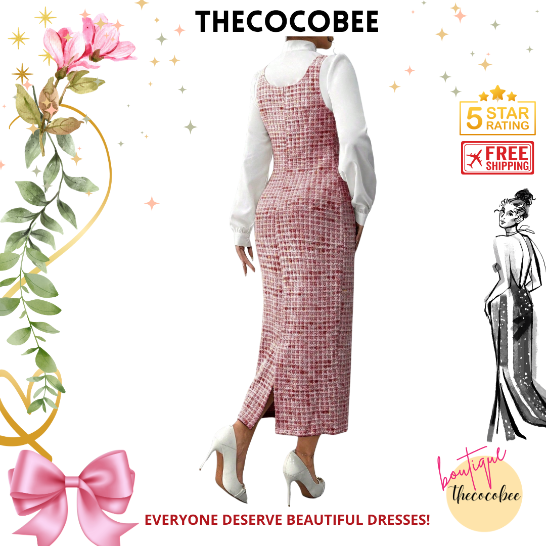 #158 Red 2pcs Elegant French Style White Collar Tie Blouse And Pink Jacquard Long Bib Dress Suit, Autumn/Winter Women