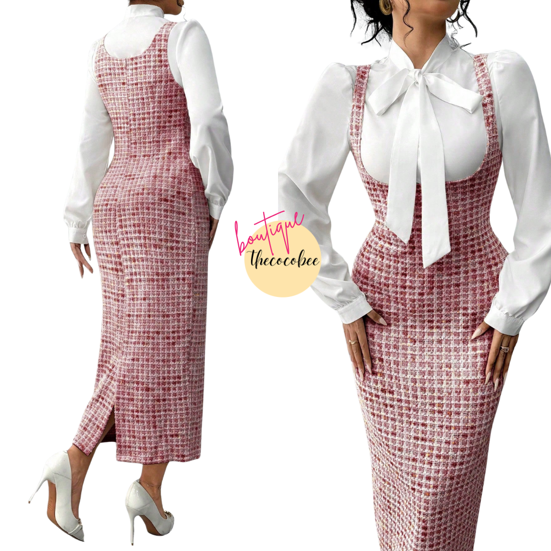 #158 Red 2pcs Elegant French Style White Collar Tie Blouse And Pink Jacquard Long Bib Dress Suit, Autumn/Winter Women