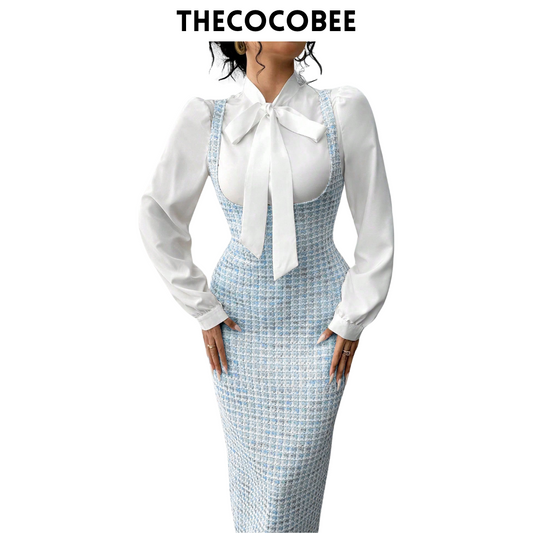#158 Baby Blue Elegant Fashion 2 Pieces Set: White Collar Tie Shirt & Pink Jacquard Long Suspender Skirt, Suitable For Autumn/Winter