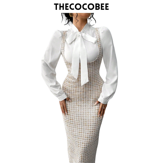 #158 Brown Elegant French Style 2pcs/Set For Women, White Collar Tie Blouse & Polka Dot Print Long Suspender Skirt, Autumn/Winter