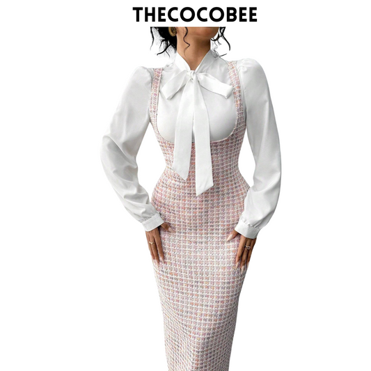 #158 Multicolor Elegant Fashion French White Collar Tie Long Suspender Skirt Women 2 Pieces Set, Autumn/Winter