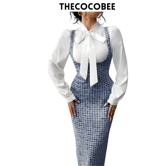 #158 Navy Blue Elegant Fashionable French Style White Collar Tie Shirt + Polka Dot Print Long Suspender Skirt 2 Pieces Set, For Women, Autumn/Winter