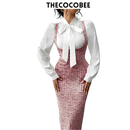 #158 Red 2pcs Elegant French Style White Collar Tie Blouse And Pink Jacquard Long Bib Dress Suit, Autumn/Winter Women