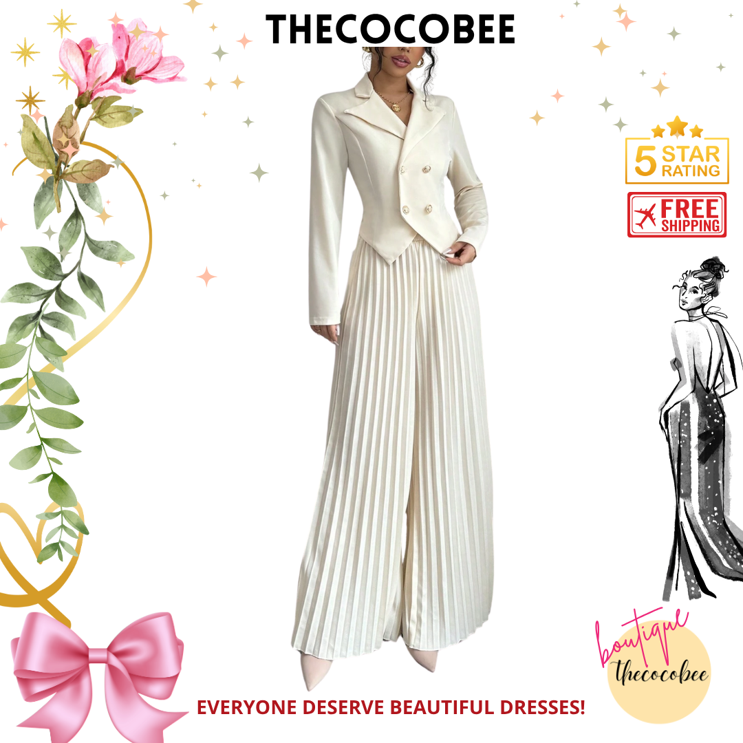 #159 Apricot 2pcs Women Office Workwear Suit Set: Long Sleeve Pleated Double-Breasted Blazer Jacket And Matching Pants, Elegant & Romantic