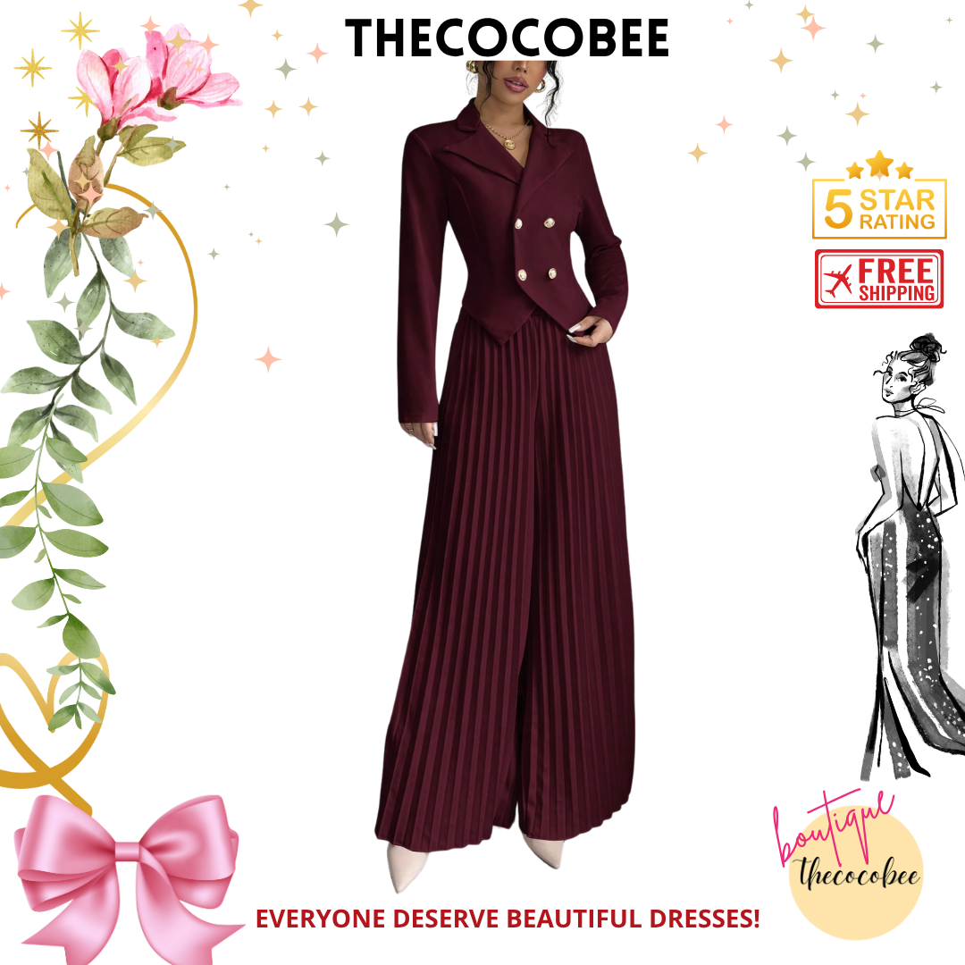 #159 Burgundy Elegant Ruffle Double Breasted Long Sleeve Blazer Set, Commuter Style