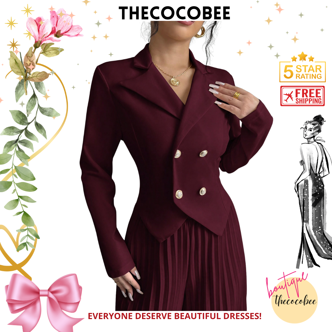 #159 Burgundy Elegant Ruffle Double Breasted Long Sleeve Blazer Set, Commuter Style
