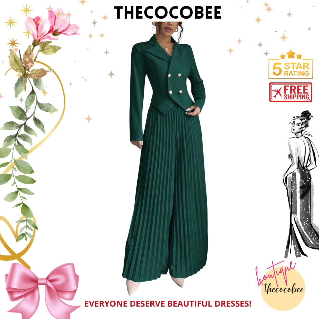 #159 Dark Green Pleated Double-Breasted Long Sleeve Elegant & Romantic Women's Business Suit