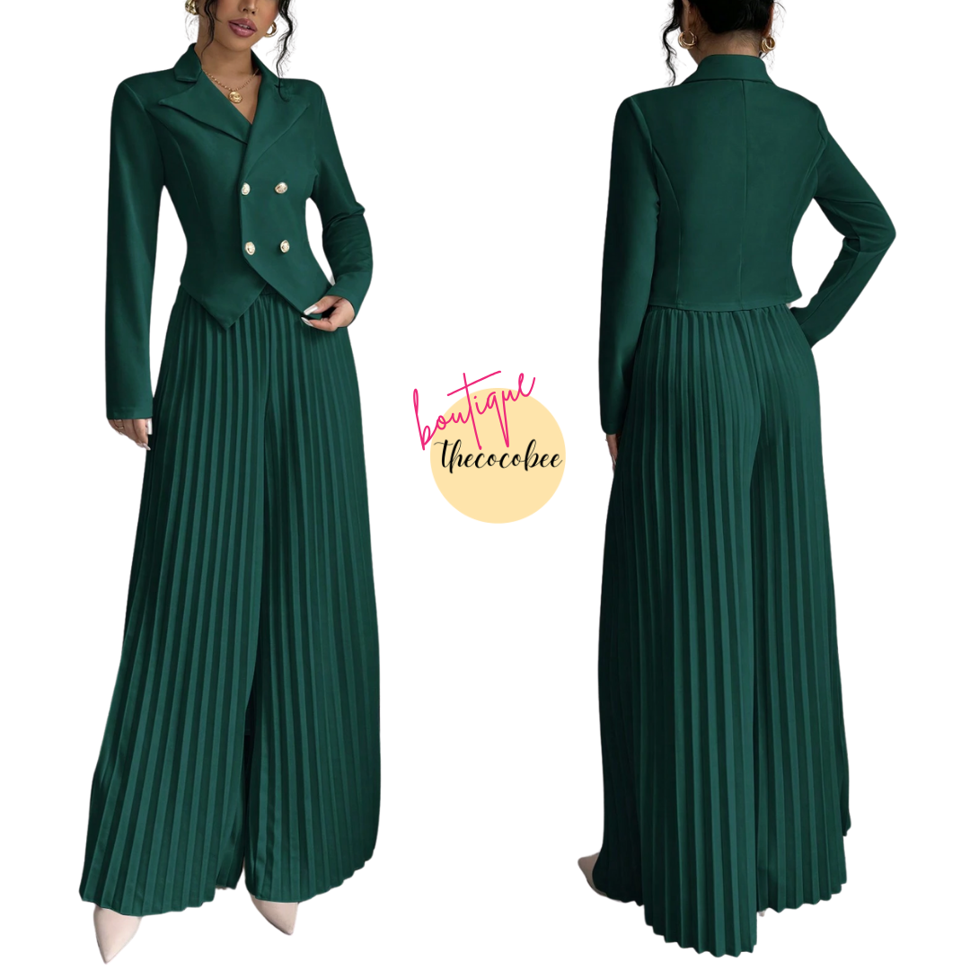 #159 Dark Green Pleated Double-Breasted Long Sleeve Elegant & Romantic Women's Business Suit