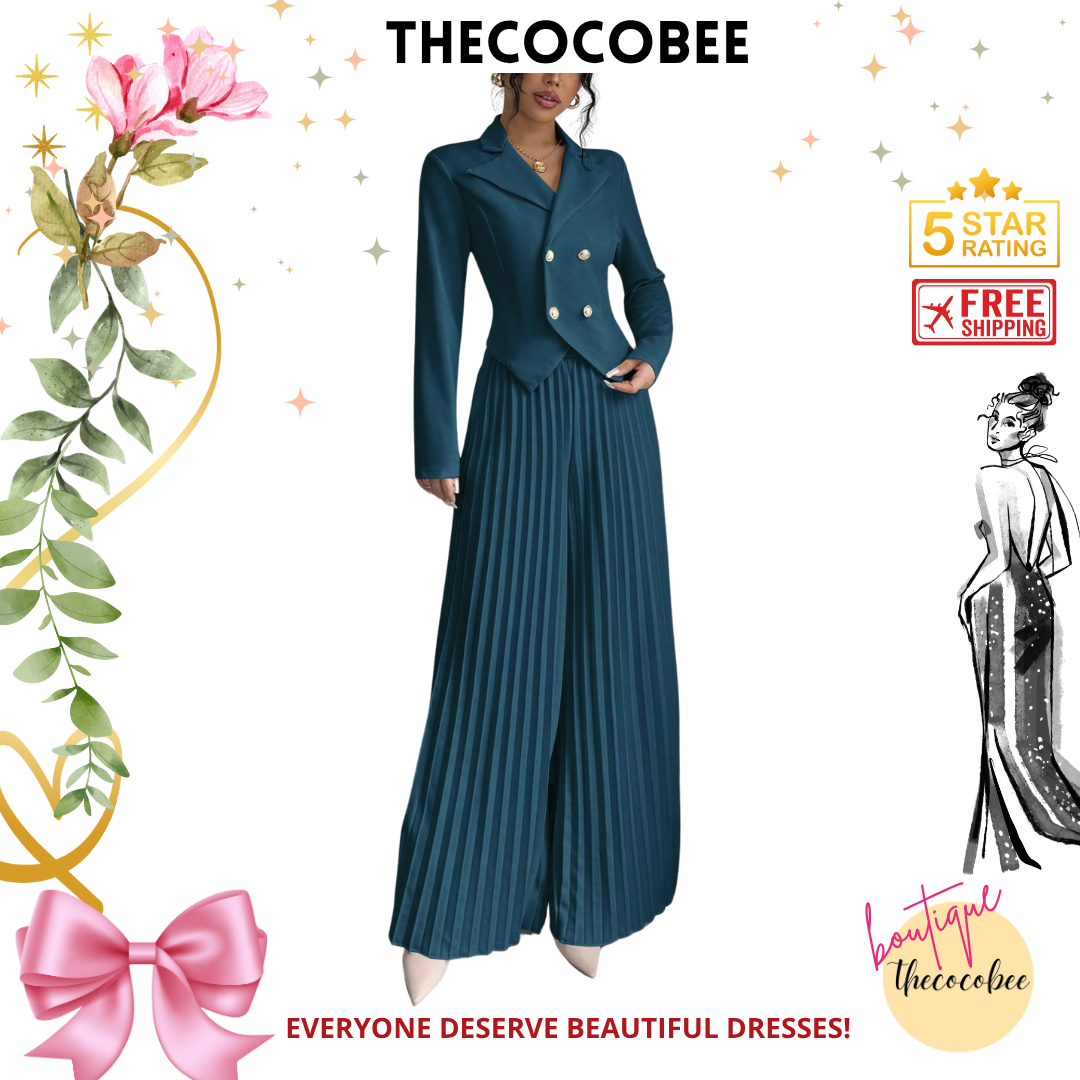 #159 Teal Blue Pleated Double-Breasted Long Sleeve Elegant Romantic Office Lady Suit
