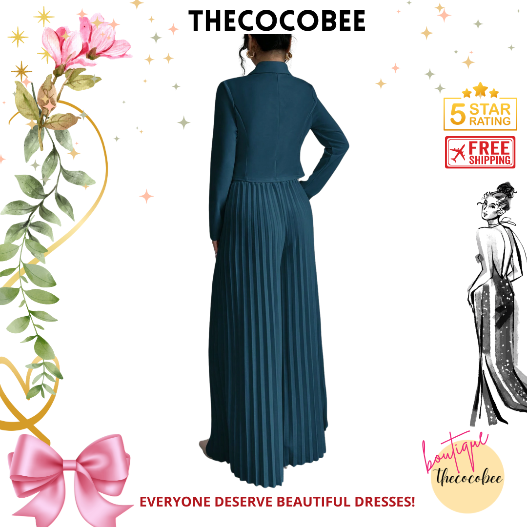 #159 Teal Blue Pleated Double-Breasted Long Sleeve Elegant Romantic Office Lady Suit