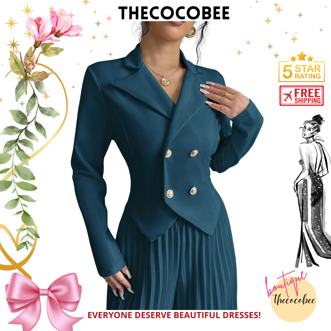 #159 Teal Blue Pleated Double-Breasted Long Sleeve Elegant Romantic Office Lady Suit