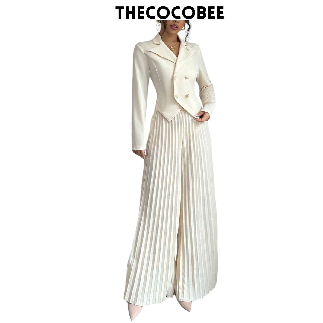#159 Apricot 2pcs Women Office Workwear Suit Set: Long Sleeve Pleated Double-Breasted Blazer Jacket And Matching Pants, Elegant & Romantic