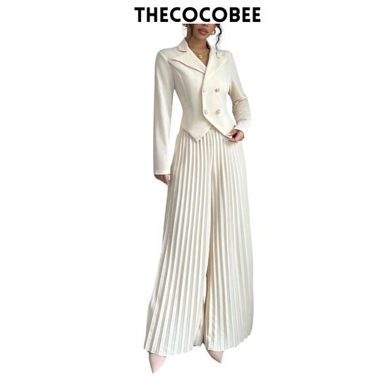 #159 Apricot 2pcs Women Office Workwear Suit Set: Long Sleeve Pleated Double-Breasted Blazer Jacket And Matching Pants, Elegant & Romantic