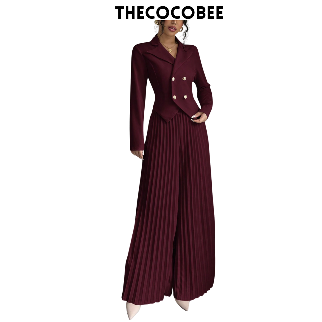 #159 Burgundy Elegant Ruffle Double Breasted Long Sleeve Blazer Set, Commuter Style