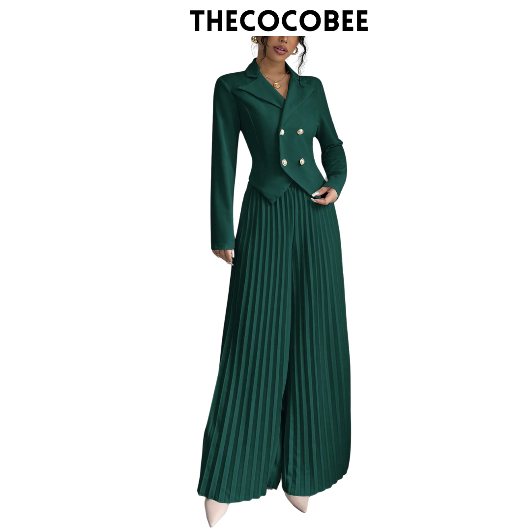 #159 Dark Green Pleated Double-Breasted Long Sleeve Elegant & Romantic Women's Business Suit