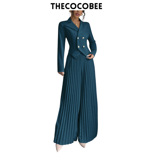 #159 Teal Blue Pleated Double-Breasted Long Sleeve Elegant Romantic Office Lady Suit