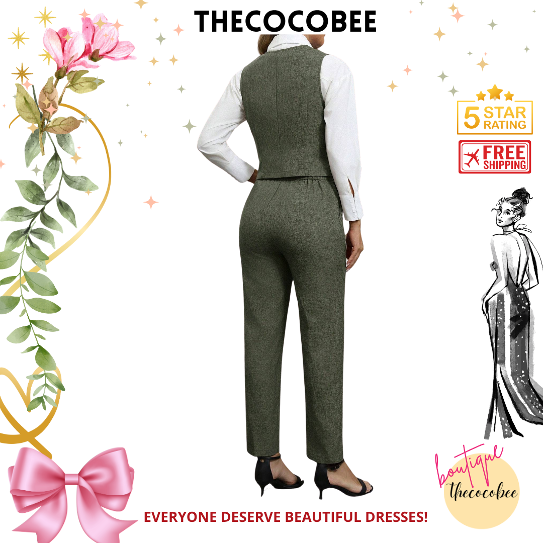 #160 Army Green Front Button Closure Sleeveless Minimal Blouse And Long Pants Casual Suit Set