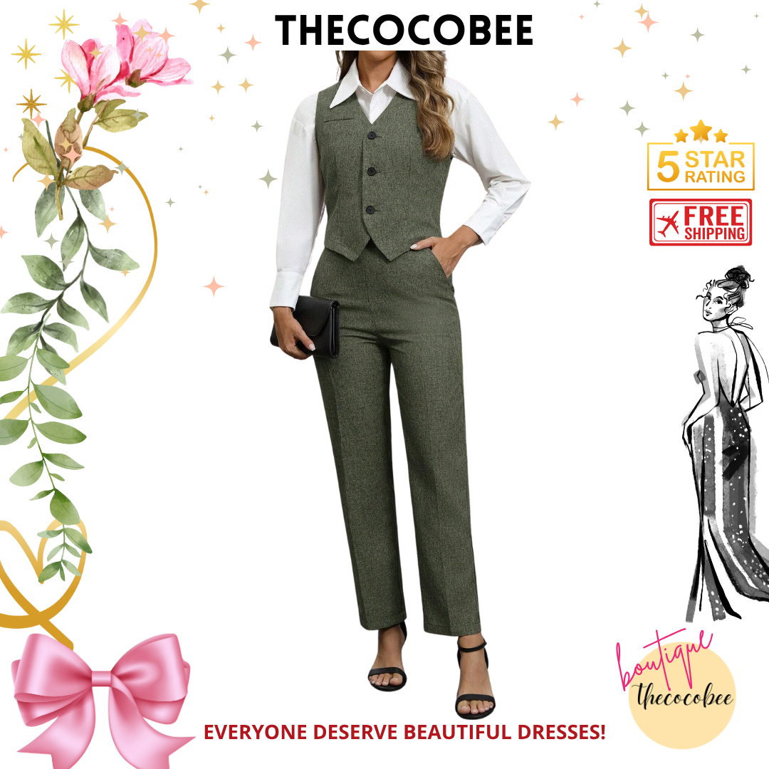 #160 Army Green Front Button Closure Sleeveless Minimal Blouse And Long Pants Casual Suit Set
