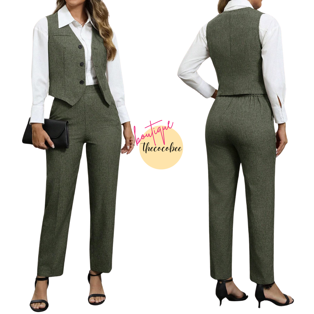 #160 Army Green Front Button Closure Sleeveless Minimal Blouse And Long Pants Casual Suit Set