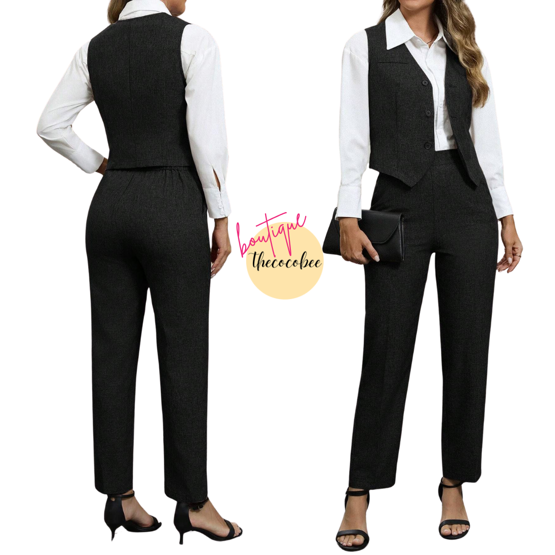#160 Black Fashionable Minimalist Business Style Button V-Neck Suit Set