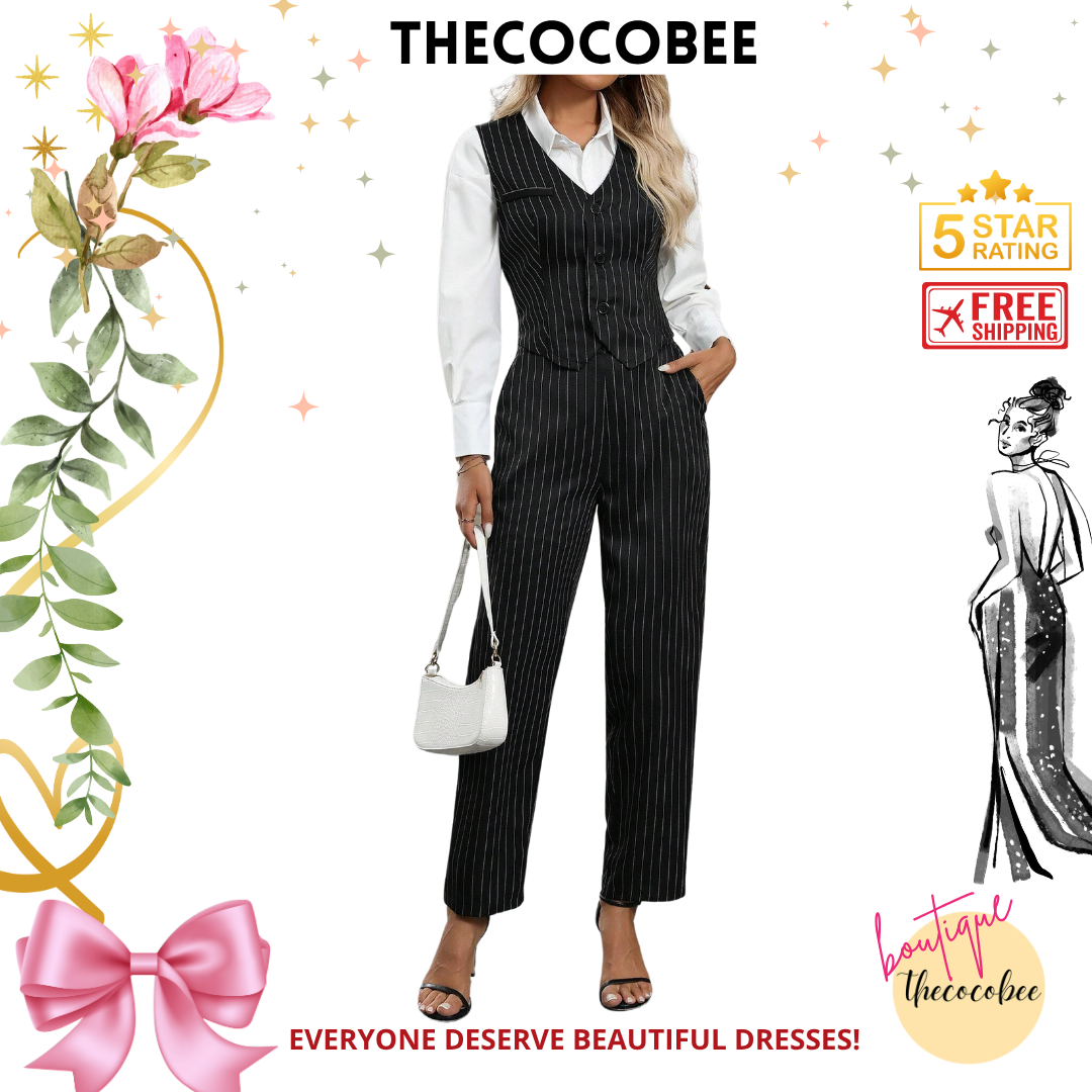 #160 Black and White 2 Pcs Stripe Pattern Single-Breasted Vest And Pocket Decorated Pants Suit, Casual Commuting Set For Women