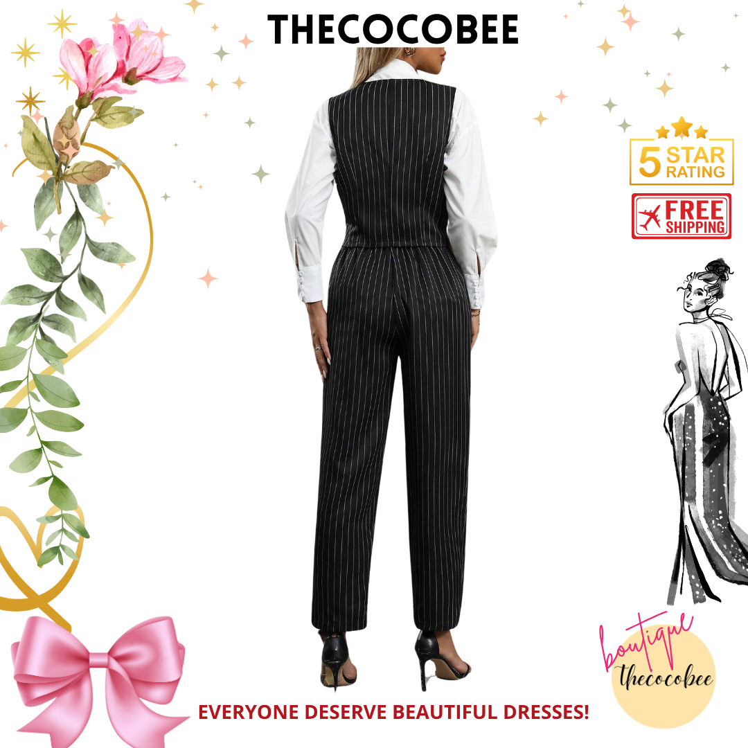 #160 Black and White 2 Pcs Stripe Pattern Single-Breasted Vest And Pocket Decorated Pants Suit, Casual Commuting Set For Women