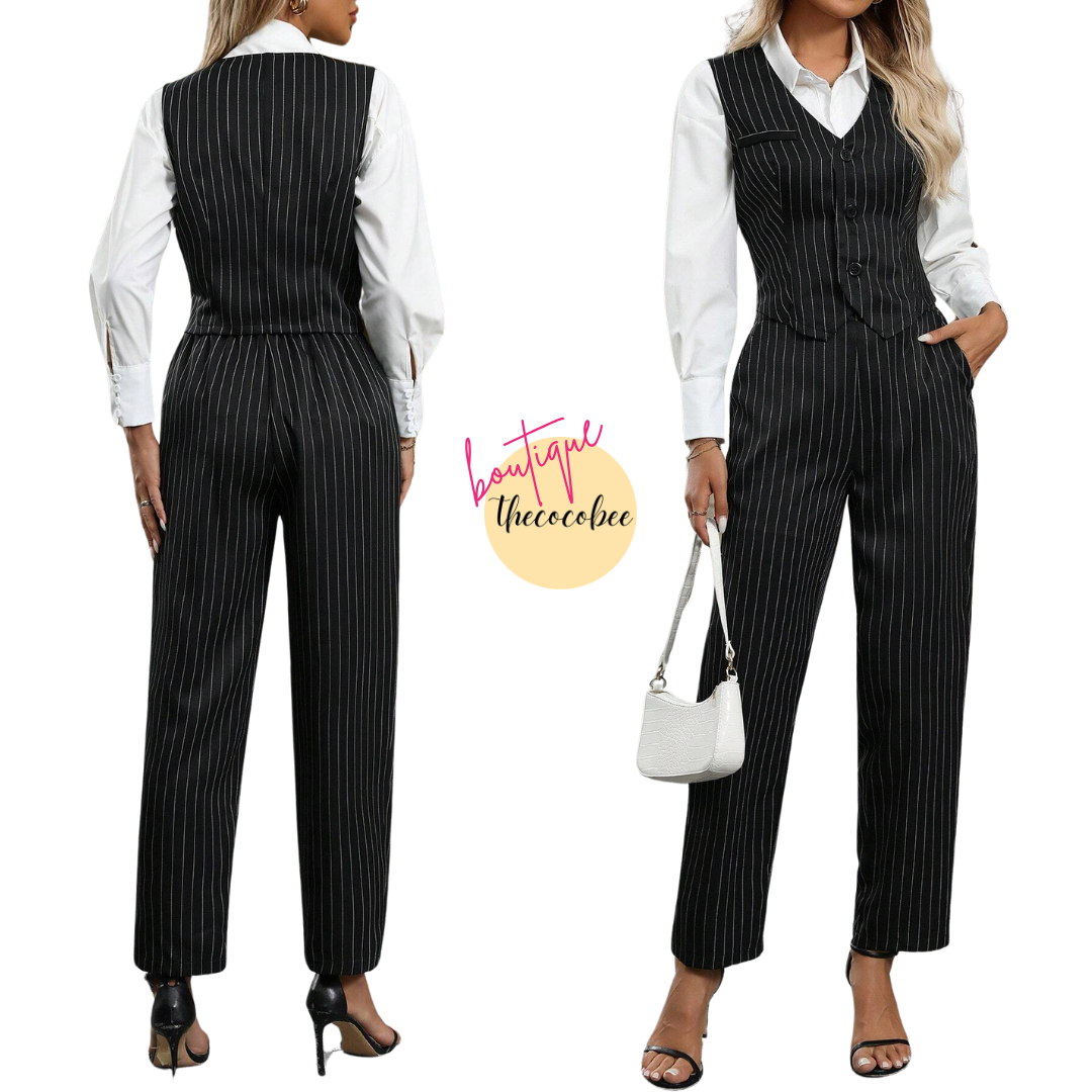 #160 Black and White 2 Pcs Stripe Pattern Single-Breasted Vest And Pocket Decorated Pants Suit, Casual Commuting Set For Women