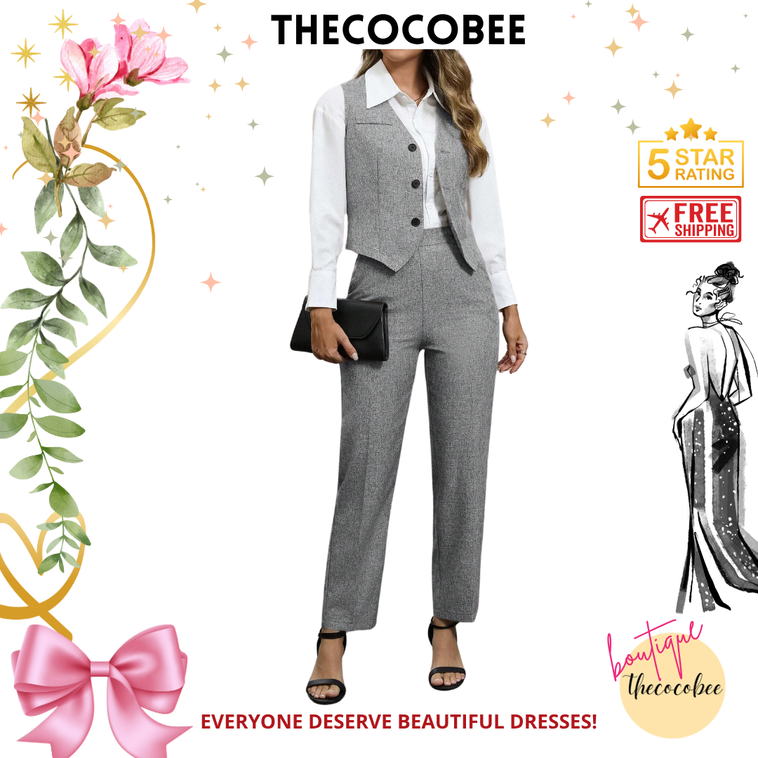 #160 Grey 2 Pieces Business Suit: Single Breasted Vest & Pants Set, For Commute, Autumn