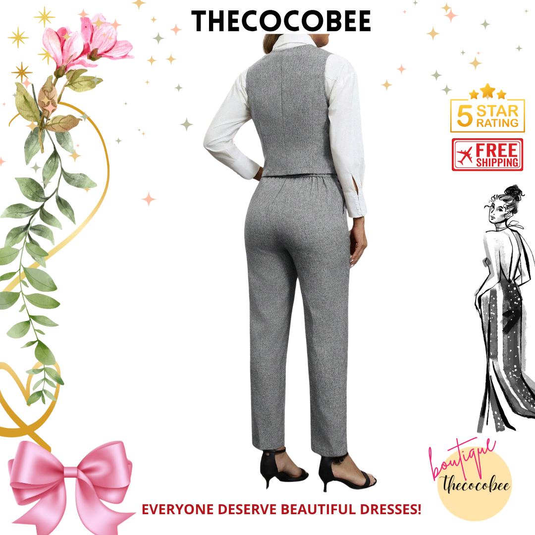 #160 Grey 2 Pieces Business Suit: Single Breasted Vest & Pants Set, For Commute, Autumn