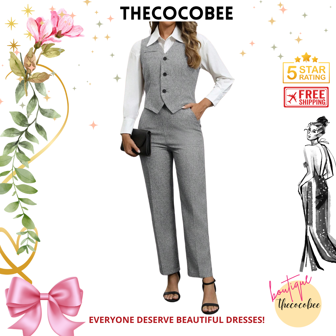 #160 Grey 2 Pieces Business Suit: Single Breasted Vest & Pants Set, For Commute, Autumn