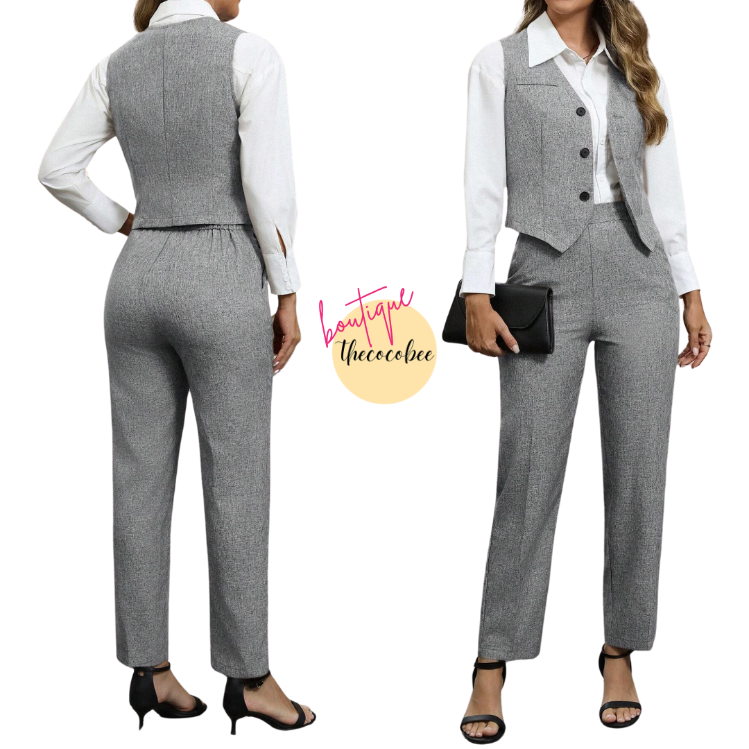 #160 Grey 2 Pieces Business Suit: Single Breasted Vest & Pants Set, For Commute, Autumn