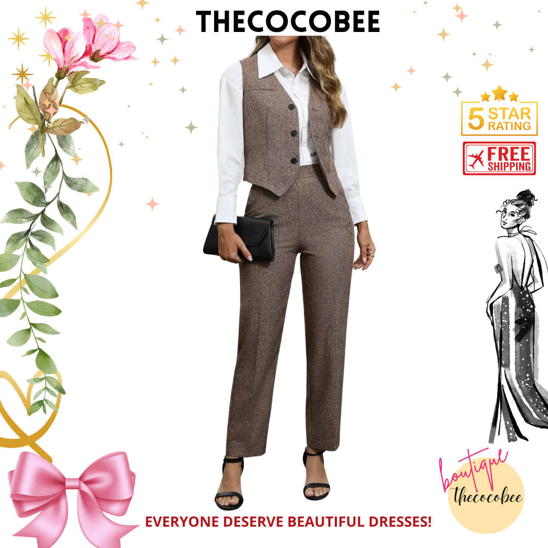 #160 Khaki Simple Front Button Blouse And Pocket Casual Pants Suit