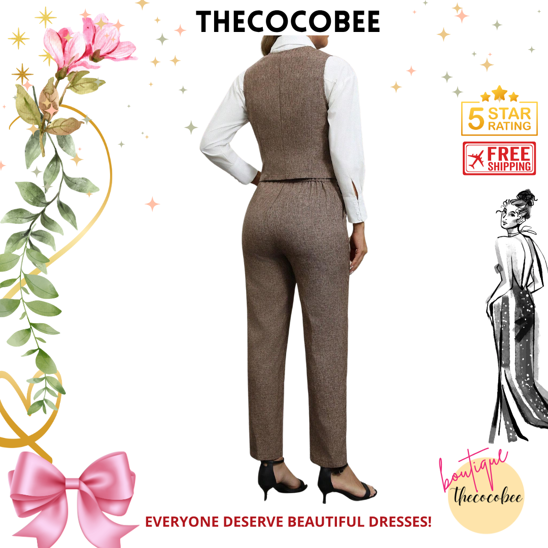 #160 Khaki Simple Front Button Blouse And Pocket Casual Pants Suit