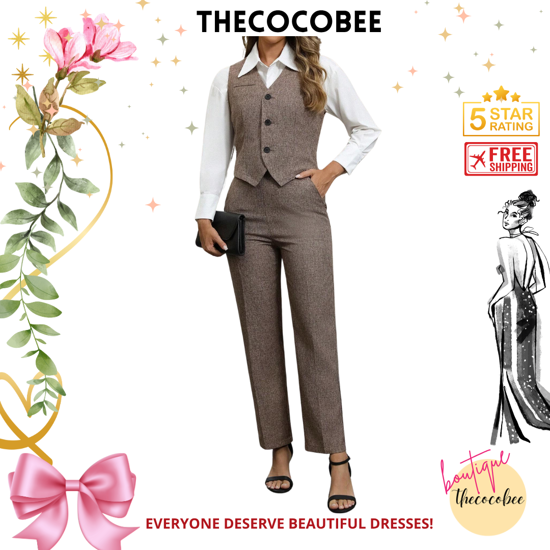 #160 Khaki Simple Front Button Blouse And Pocket Casual Pants Suit