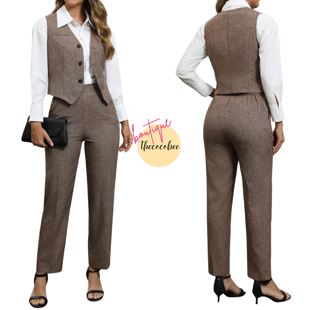 #160 Khaki Simple Front Button Blouse And Pocket Casual Pants Suit