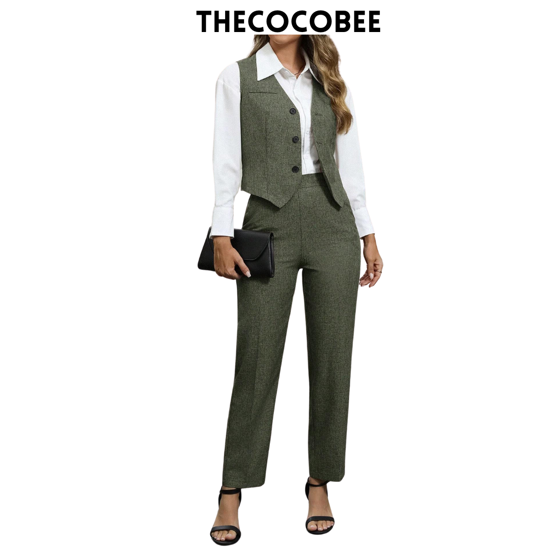 #160 Army Green Front Button Closure Sleeveless Minimal Blouse And Long Pants Casual Suit Set