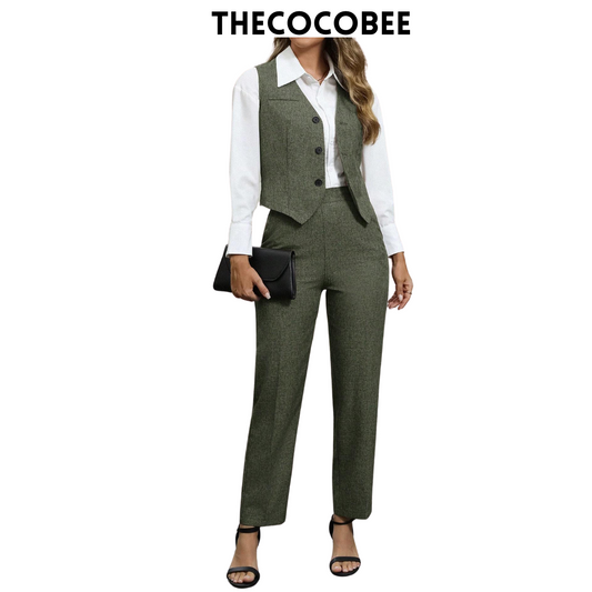 #160 Army Green Front Button Closure Sleeveless Minimal Blouse And Long Pants Casual Suit Set