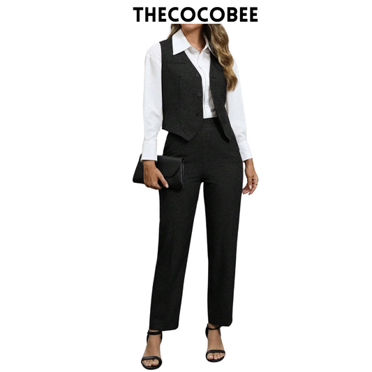 #160 Black Fashionable Minimalist Business Style Button V-Neck Suit Set