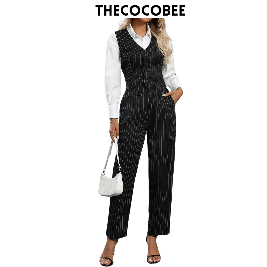 #160 Black and White 2 Pcs Stripe Pattern Single-Breasted Vest And Pocket Decorated Pants Suit, Casual Commuting Set For Women