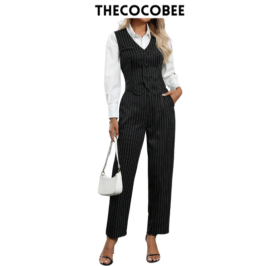 #160 Black and White 2 Pcs Stripe Pattern Single-Breasted Vest And Pocket Decorated Pants Suit, Casual Commuting Set For Women