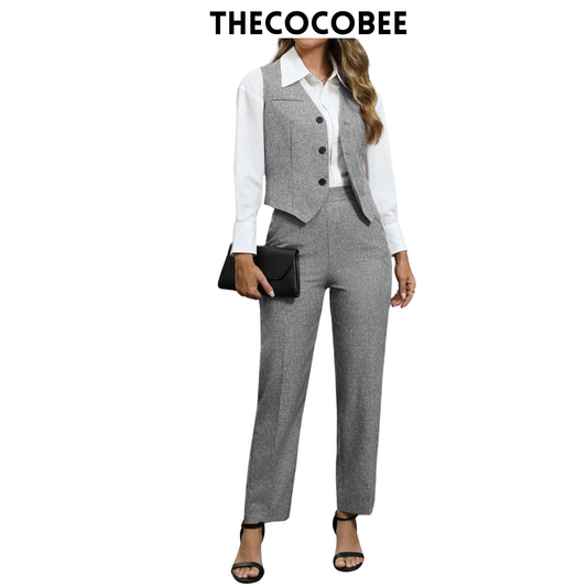 #160 Grey 2 Pieces Business Suit: Single Breasted Vest & Pants Set, For Commute, Autumn