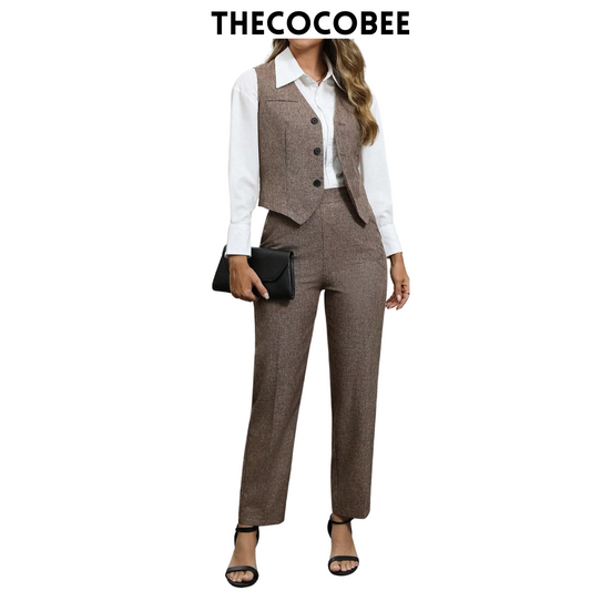 #160 Khaki Simple Front Button Blouse And Pocket Casual Pants Suit