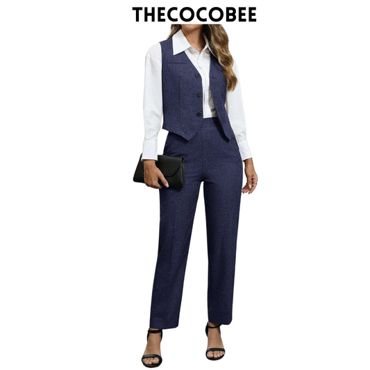 #160 Navy Blue Single Breasted Vest And Pants 2 Pieces Elegant Business Suit